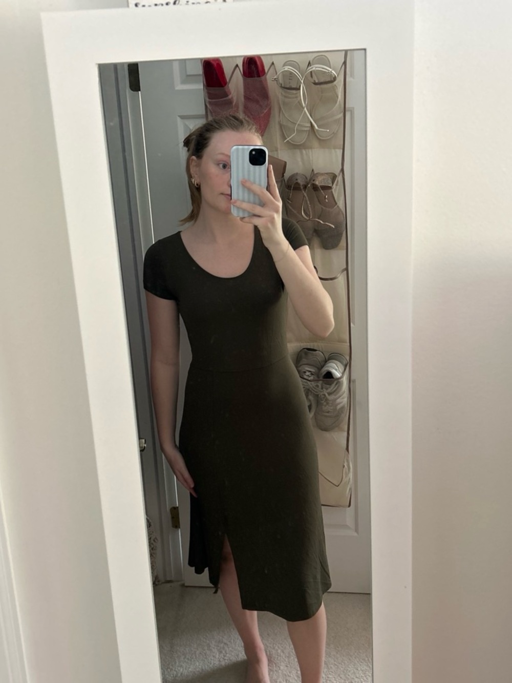 LOFT Olive Short-Sleeve Midi Dress with Side Slit